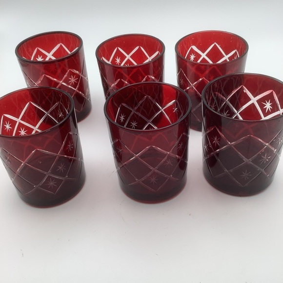 Six Target Etched Red Glass Votive Candle Holders - Picture 3 of 7